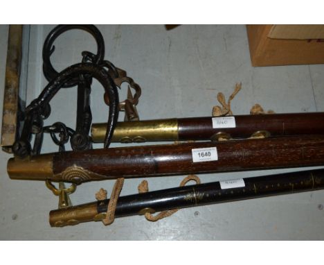 Group of three various Chinese brass mounted wooden and inlaid balance scales 