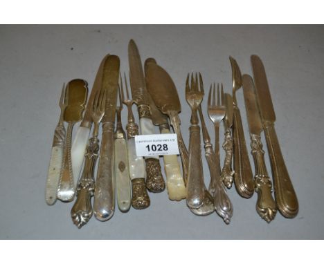 Collection of mainly Victorian silver Christening knives and forks (odds), two antique folding forks, pickle fork and three b