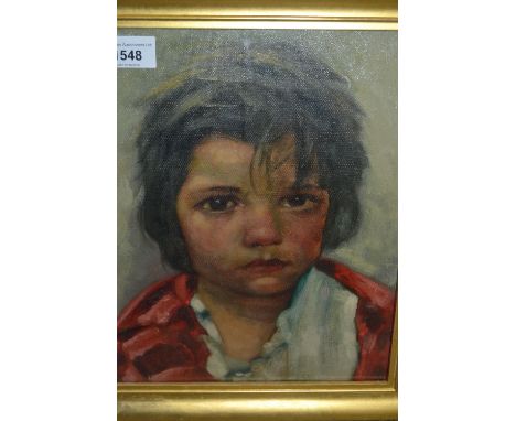 Mid 20th Century oil on canvas, head and shoulder portrait of a young girl wearing a red jacket, unsigned, 11ins x 9ins, gilt