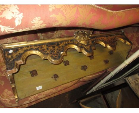 Late 19th or early 20th Century French gilded canopy / coat rack with iron hooksThis item ihas scuffs and is in need of a goo