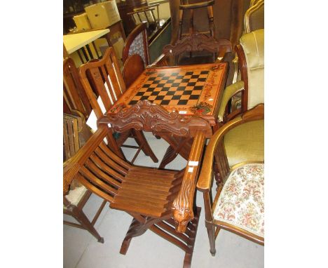 Reproduction walnut chess table with matching hamlet style crossover chairs 