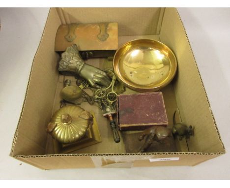 Small bronze figure of a boy, small bronze bowl, Victorian brass paper clip in the form of a hand, figure of a kangaroo, smal