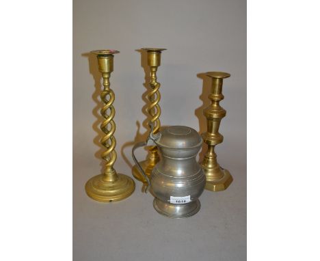 Pewter lidded tankard, pair of brass open barley twist candlesticks and a knopped stem Victorian candlestick 