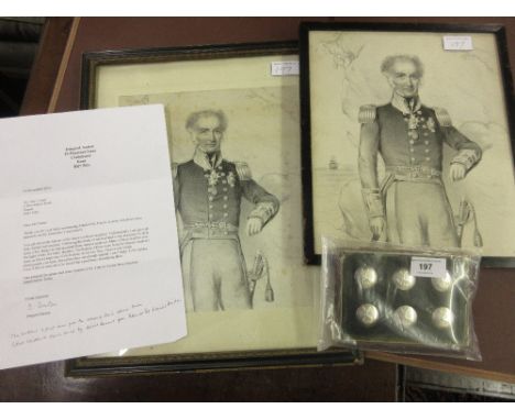 Two black and white portrait prints of Admiral Sir Francis Austen (Jane Austen family), together with a set of six buttons fr