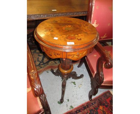 Victorian walnut and marquetry inlaid trumpet form work table, the hinged circular lid enclosing a fitted interior with some 