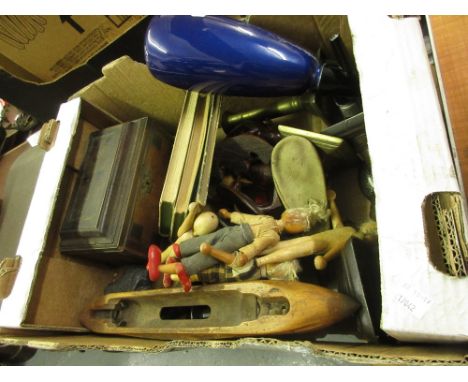 Box containing a George III tea caddy, small quantity of wooden dolls, soda siphon and sundries 