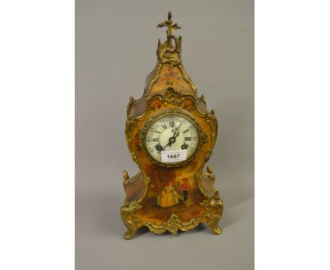 19th Century French gold lacquer and gilt brass mounted two train mantel clock, the enamel dial with Roman numerals and two t