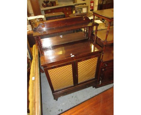Small Regency rosewood chiffonier, the mirrored shelf back on turned supports above two grilled doors and a long drawer raise
