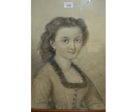 19th Century pencil sketch, head and shoulder portrait of a lady, signed Baudu, dated 1846, 24ins x 18ins framed 