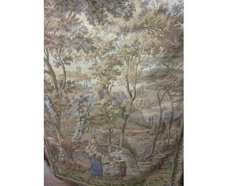 Machine woven tapestry wall hanging depicting figures in a landscape 