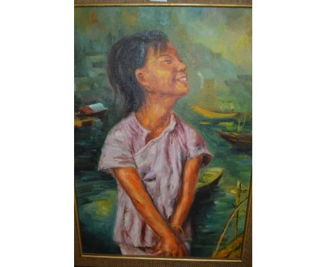 Mid 20th Century Asian school, oil on canvas, portrait of a girl, signed with monogram, possibly A.R., 28.5ins x 19.75ins, fr