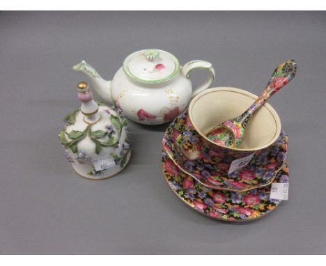 Royal Winton Majestic chintz pattern cup, saucer, sugar bowl and shovel together with a late Meissen type floral encrusted po