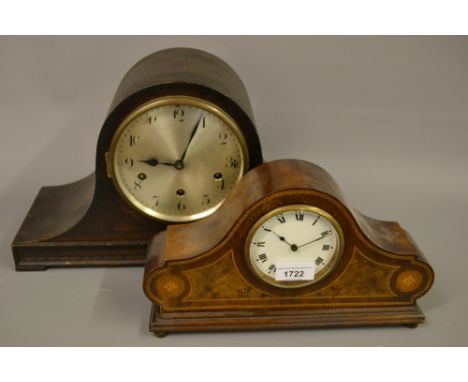 Edwardian inlaid mantel clock and an oak three train mantel clock 