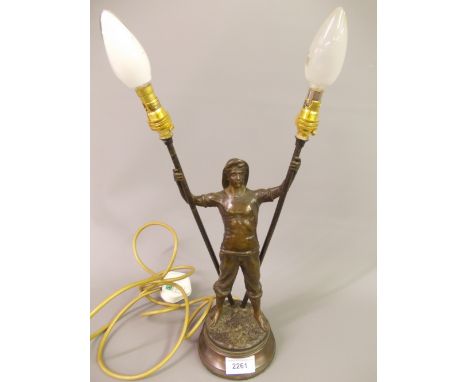 Early 20th Century patinated bronze lamp base in the form of a mariner, signed in the bronze A. Borill, 13ins high (lacking s