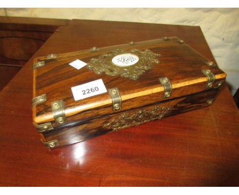 19th Century rosewood and brass mounted playing card box, the top inset with glass panel of cards and fitted interior with fo
