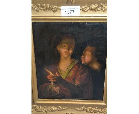 Oil on metal panel, portrait of two figures by candlelight, 8ins x 6ins 