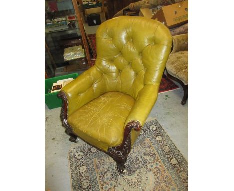 19th Century carved mahogany and button leather upholstered tub shaped drawing room chair on acanthus decorated cabriole fron