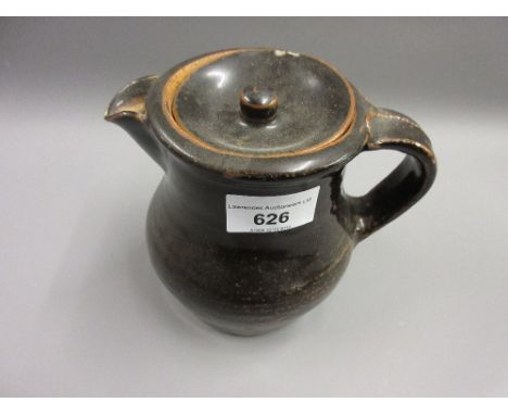 Bernard Leach, stoneware hot water pot and cover of plain baluster form with mottled glaze, St. Ives pottery mark and Bernard