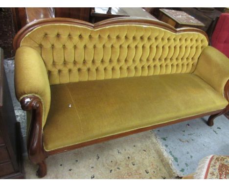Victorian gold button upholstered triple arched back sofa on cabriole front supports 