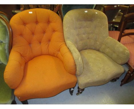 19th Century button upholstered spoon back armchair on turned tapering front supports with brass caps and castors together wi