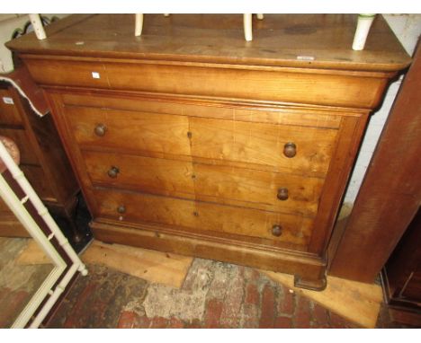 19th Century French fruitwood commode chest, the moulded top drawer above three long drawers with brass knob handles and a fu