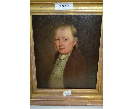 Late 18th Century oil on metal panel, half length portrait of a gentleman, inscribed Davis 1798 verso, 7.5ins x 6ins, gilt fr