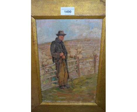 Scottish school oil on panel, portrait of a shepherd by a pen, gilded oak frame, 11.5ins x 7.5ins 