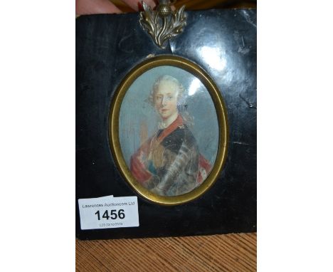 19th Century oval portrait miniature on ivory of Bonny Prince Charlie (with water damage), signed Dupre, 3.75ins x 2.5ins, ho