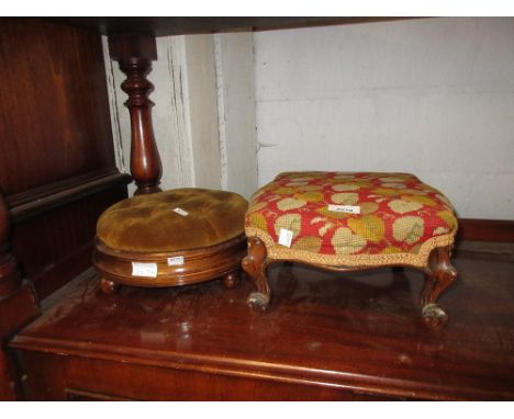 Small Victorian footstool with needlepoint top on cabriole supports together with a small circular beechwood footstool with b