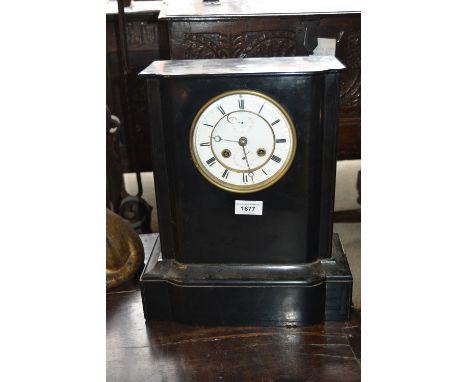 19th Century French black slate mantel clock, the circular enamel dial with Roman numerals, subsidiary seconds and date dials