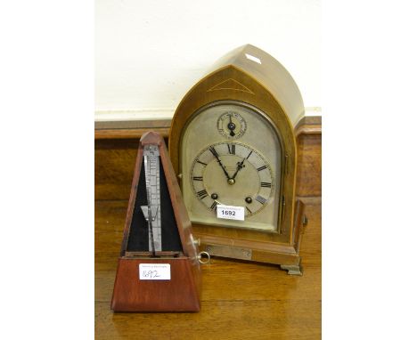 Edwardian mahogany and inlaid lancet clock, the silvered dial with Roman numerals, inscribed Marsh and Company, Birmingham, w
