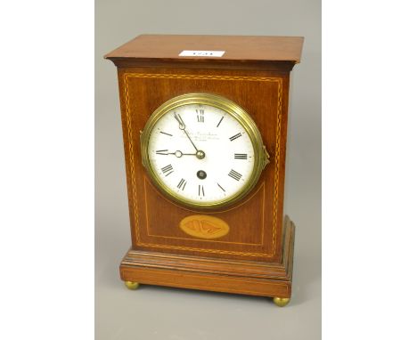 Edwardian mahogany and inlaid mantel clock, the circular enamel dial, signed Charles Frodsham, No. 20448 with a single train 