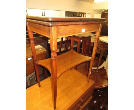 Small Edwardian mahogany and inlaid fold-over card table raised on square tapering supports with undertier 