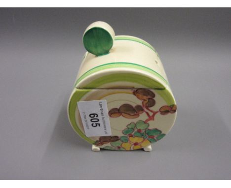 Clarice Cliff cylindrical preserve pot with cover with floral painted blossom decorationThree small chips to the feet. See ph
