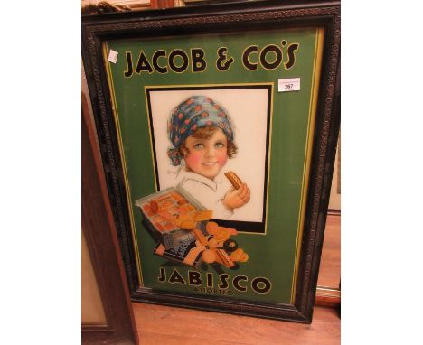 Original Jacob & Co. reverse printed on glass advertising sign for Jabisco Assorted, in Jacobs Biscuits frame, bearing origin