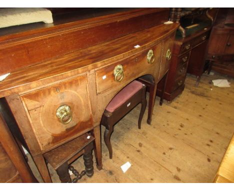 George III mahogany and satinwood crossbanded bow front sideboard, the centre drawer flanked by two deep drawers, all with gi