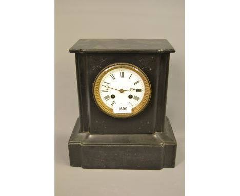 Small black slate two train mantel clock with pendulum 