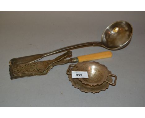 French silver Fiddle and Thread pattern ladle, a Birmingham silver tea strainer and stand, together with a Victorian silver p