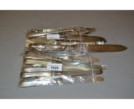 Set of six Georgian / Victorian silver dessert knives and forks (at fault) together with a small quantity of plated flatware 