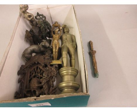 Benin type bronze handle in the form of a man, together with seven various bronze, brass and metal figures, a pewter figure o