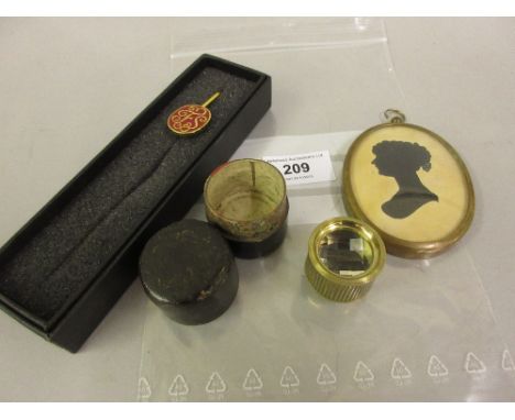 Small brass monocular in a fitted case, reproduction silhouette portrait and a Folio Society bookmark 