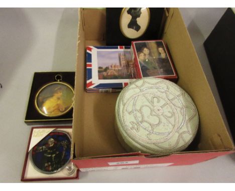 Circular lead mounted and stained glass image of Thomas Beckett, circular brass cased print of Joshua Reynolds and a Canterbu