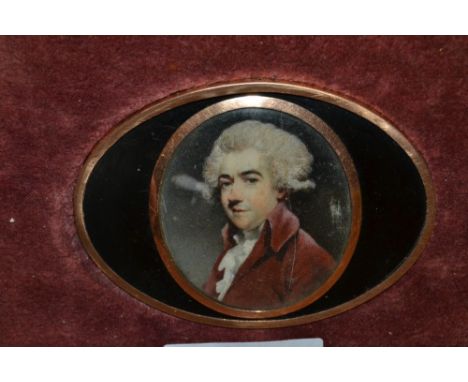 Late 18th or early 19th Century watercolour portrait miniature on ivory of Sir John D' Oily, in a yellow metal mounted and eb