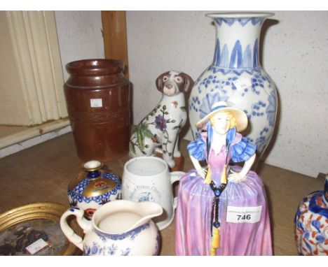 Royal Doulton figure ' Patricia ' (at fault), a Powell Craft floral decorated cream jug and sucrier, an Imari jar and cover, 