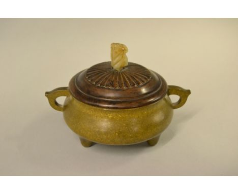 Chinese gold patinated bronze two handled censer, signed with square seal mark to base, 2.5ins high, complete with carved har