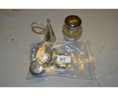 Modern Guernsey silver candle snuffer, two silver mounted glass bottles and a small trinket dish 