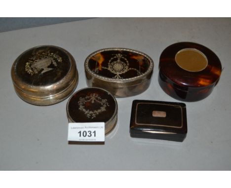 Three various silver and pique work trinket boxes, a tortoiseshell and yellow metal inlaid rectangular box (at fault) and ano