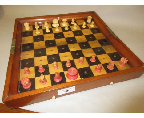 Late 19th / early 20th Century Jaques of London, mahogany cased travelling chess set with plain and stained turned bone piece