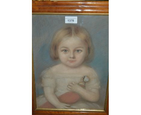 19th Century maplewood framed pastel drawing, portrait of a child with her doll, 14ins x 10.5ins 