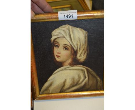 19th Century oil on canvas laid on panel, portrait of a young lady in white robes, (Beatrice Cenci) 